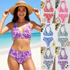 Halter Bikini Top And High Waisted Bottom Swimsuit Paisley Print Polyester Bohemian Summer Beachwear Women