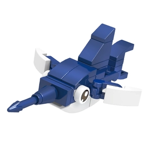 Close-up of blue and white swordfish building blocks toy with adjustable fins