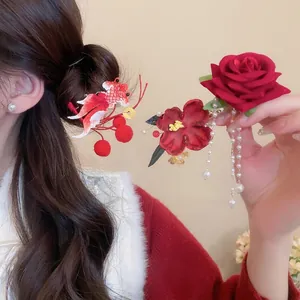 Chinese Style New Year Hair Clip And Hairpin With Red Satin Rose Artificial Pearl Tassel And Embroidered Koi Fish For Women Elegant Festive Accessory