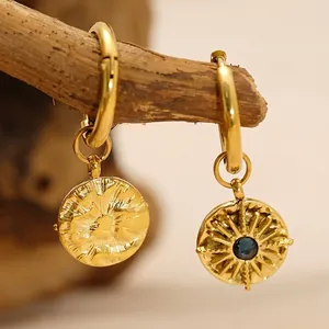 Vintage 18K gold-plated stainless steel hoop earrings with blue zircon geometric pendants