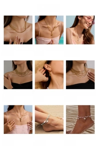 Collection of gold stainless steel jewelry including layered necklaces and shell pendants