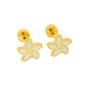 Detail of 18k gold plated flower stud earrings with white enamel plumeria petals