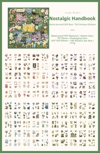 Detailed view of 100pcs waterproof PET vintage stickers with packaging box size specs