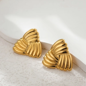 18K gold plated stainless steel geometric triangle studs with textured woven finish