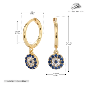 Detailed view of 925 sterling silver evil eye earrings with size and weight measurements