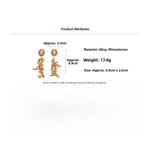 Detailed size specifications for gold rhinestone earrings with silver needles and measurements