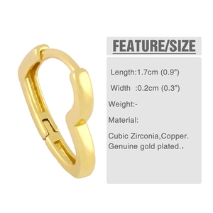 Detail showing 1.7cm heart huggie earring dimensions and gold plated copper material