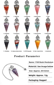 Detailed chart showing tree of life resin dowsing pendulums with stone inclusions