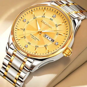 Men's luminous waterproof steel watch with gold dial, double calendar and diamond markers