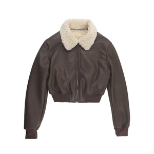 Detail of brown PU leather bomber jacket featuring cream fleece collar and zip closure