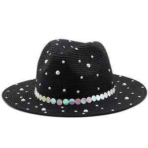 Black Panama jazz straw hat with elegant pearls, rhinestones and iridescent sequins decor