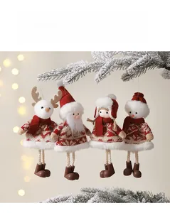 Set of four plush Christmas ornaments including reindeer and snowman on pine branches