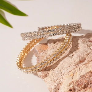 Minimalist double-layered pavé rhinestone open bangles in gold and silver finish