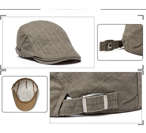 Detailed views of cotton beret cap featuring white wave stitching and adjustable metal buckle