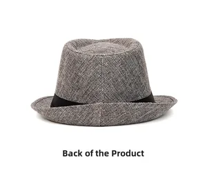 Rear view of a grey woven straw fedora hat featuring a black decorative ribbon band