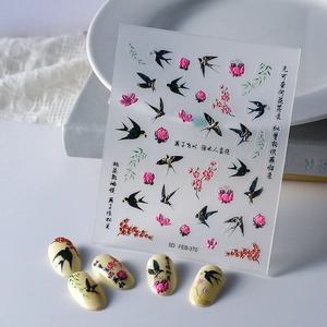5D Embossed Chinese Style Nail Art Stickers Swallow Peach Blossom Willow Waterproof Self-Adhesive Nail Decals Manicure Decoration