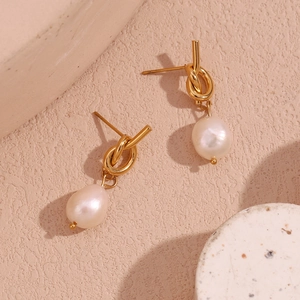 Elegant 18K gold plated knotted stud earrings with white freshwater pearls for women