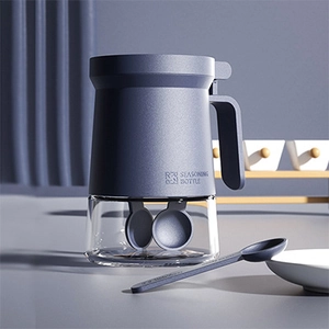 Moisture-proof blue glass seasoning bottle with double seal and integrated measuring spoons