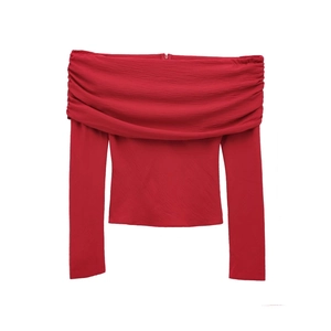 Women Off Shoulder Pleated Blouse Slim Fit Long Sleeve Shirred Chiffon Top Elegant Solid Color Casual Fashion