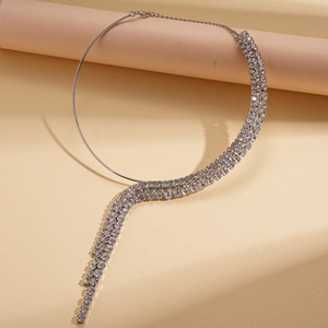 Detail shot of silver rhinestone tassel choker necklace with shimmering crystal fringe