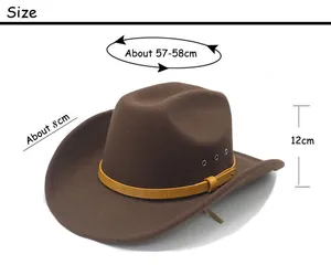 Size chart showing 57-58cm circumference and 8cm brim for the brown wool fedora hat