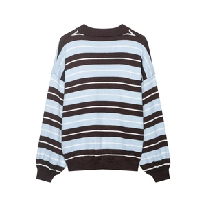 Back view of a loose-fit striped knit sweater in brown, sky blue, and white colors