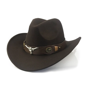 Detail of western cowboy hat featuring a longhorn skull metal ornament on leather band