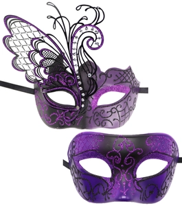 Detail of luxury butterfly masks with purple sequins and rhinestone accents for parties