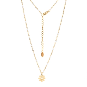Detail of gold stainless steel necklace with white beads and daisy petal flower pendant
