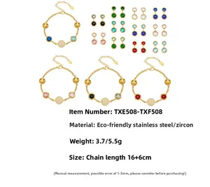 Detailed view of 18k gold plated stainless steel jewelry set with colorful zircon stones
