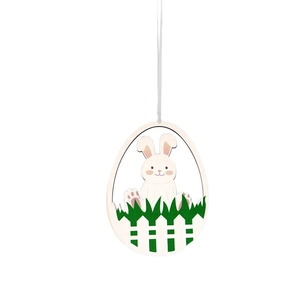 Easter wooden egg hanging decoration featuring white bunny and fence on white background