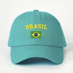 Detailed view of Brasil baseball cap with 1938 national flag embroidery on light blue fabric