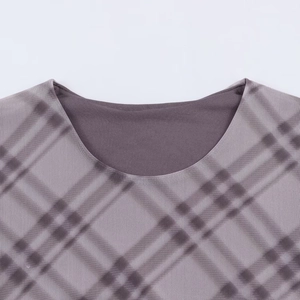 Women's plaid round neck long sleeve dress in purple and grey breathable mesh fabric