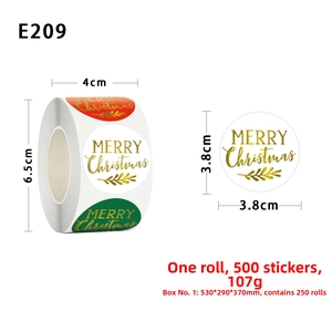 Detail view of 3.8cm gold foil Merry Christmas stickers with dimensions and roll size