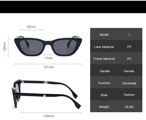 Detailed size specifications of black cat eye sunglasses with PC frame and lens material