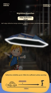 Detail view of children's umbrella with 360-degree reflective safety strip for night visibility