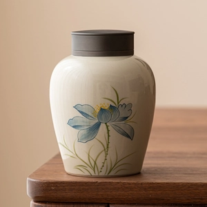 Ceramic Tea Caddy Airtight Storage Jar Porcelain Ash Glaze Aluminum Alloy Lid Hand Painted Blue Lotus Vintage Chinese Style