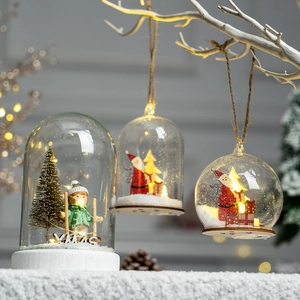 Christmas glass cloche ornaments with micro-scenery, Santa, snowman and warm LED lights
