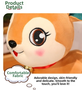 Detailed close-up of brown plush reindeer doll with soft fur texture and golden bell