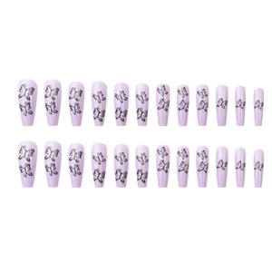 Long coffin fake nails in light purple with delicate black butterfly patterns, 24pcs set