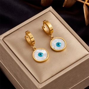 Evil Eye Dangle Earrings Round Mother Of Artificial Pearl Shell Stainless Steel Gold Plated Vintage Turkish Eye Jewelry For Women