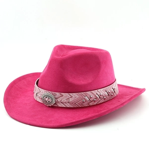Magenta faux suede western cowboy hat with studded leather band and floral buckle