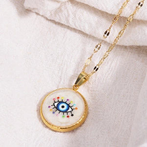 Golden stainless steel Turkish Evil Eye pendant necklace with multi-color enamel accents