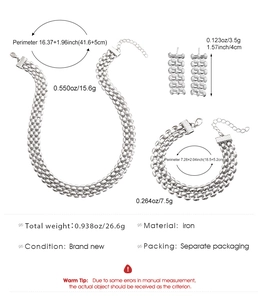 Detailed size and weight chart for silver chain necklace, bracelet and earrings jewelry set