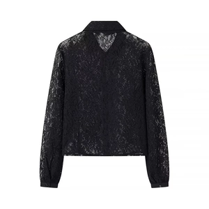 Detailed back view of sexy black lace polo shirt with long sleeves and delicate texture