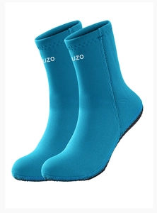 High-quality 3mm turquoise diving socks featuring OUZO logo and non-slip bottom soles