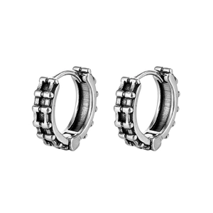 Detailed view of vintage punk titanium steel earrings with industrial chain link texture