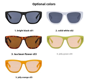 Détails de cinq lunettes de soleil carrées en noir, blanc, écaille, vert et orange vif