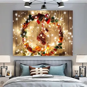 Gezellige slaapkamer met kerstkrans wandkleed op een rustieke houten achtergrond