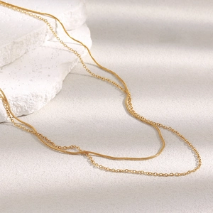 Elegant 18K gold-plated double-layer stainless steel necklace with snake and link chain